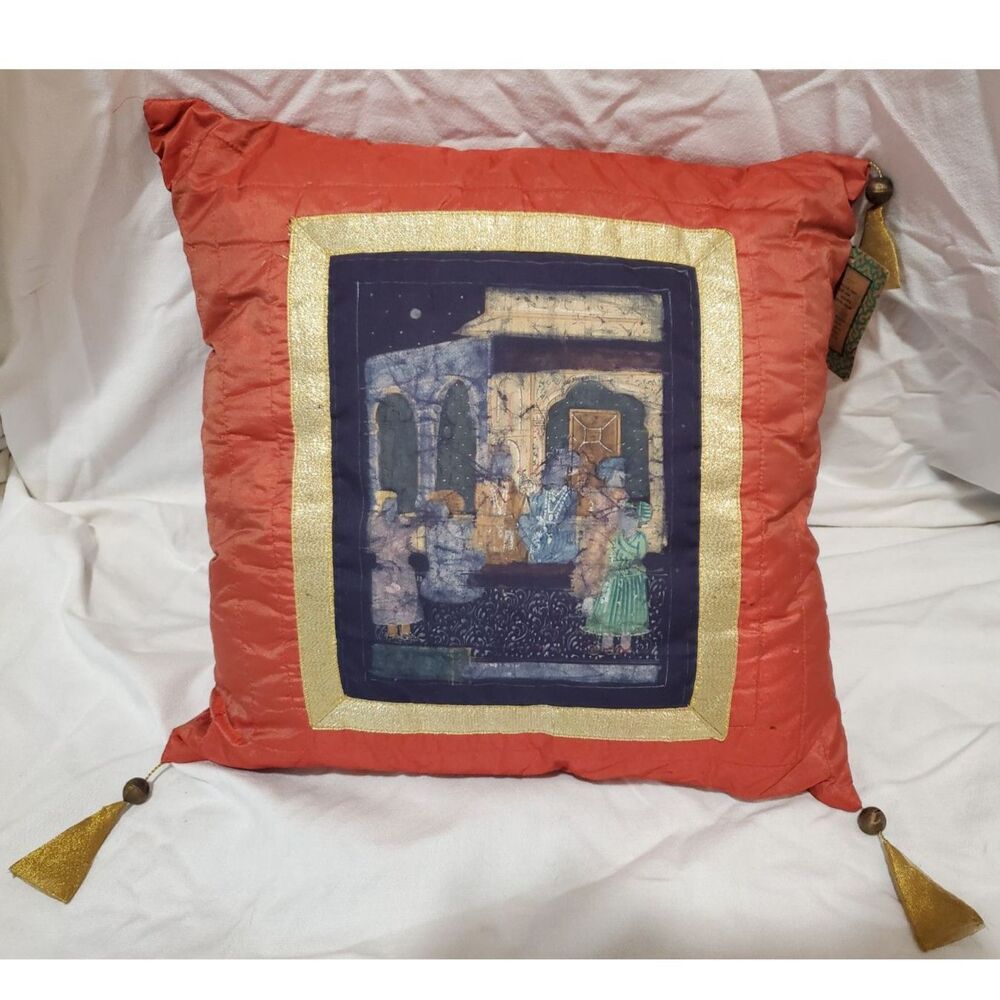 Pier 1 Imports Hand painted Mughal Pillow with Tassels Original Tags